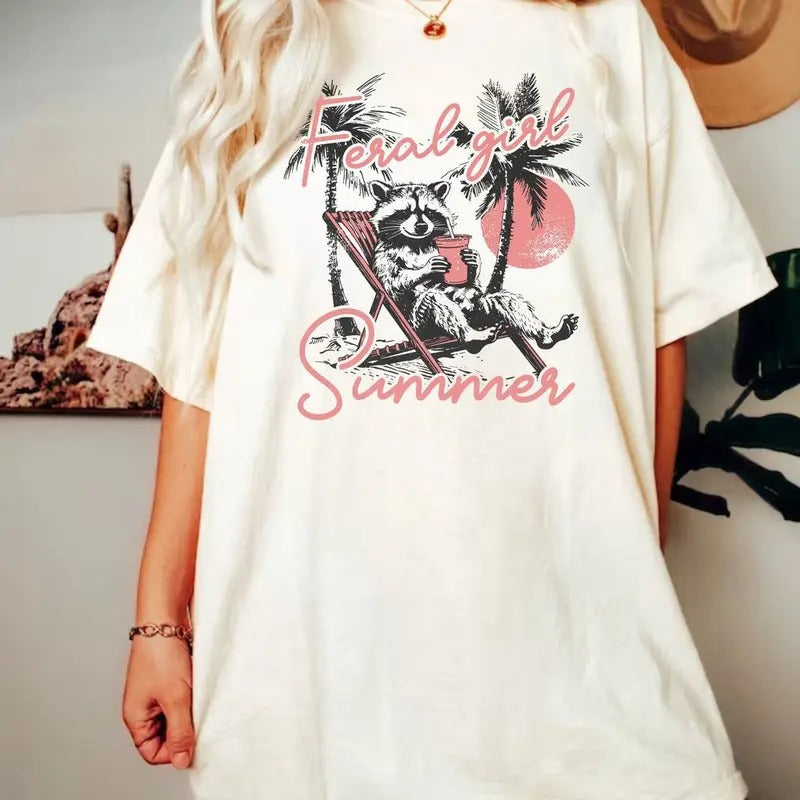 Feral Girl Summer Raccoon Shirt, Funny Sarcastic Raccoon Tshirt, Summer Vibes Retro Shirt, Meme Raccoon Shirt, Cowgirl...