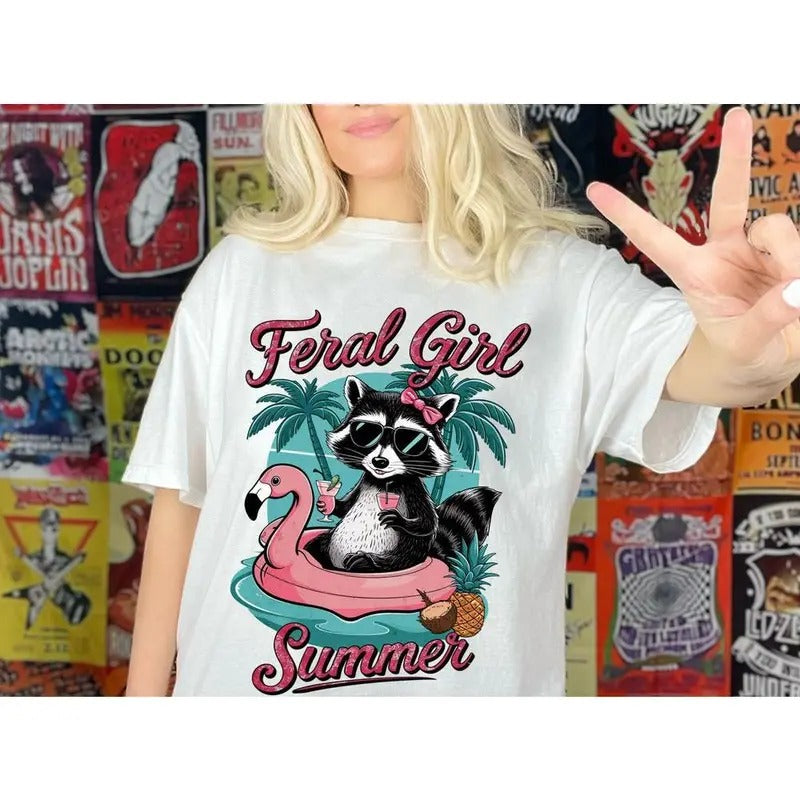 Feral Girl Summer Shirt: Funny Raccoon Tee for Cowgirls! Meme Raccoon Western & Rodeo Shirt
