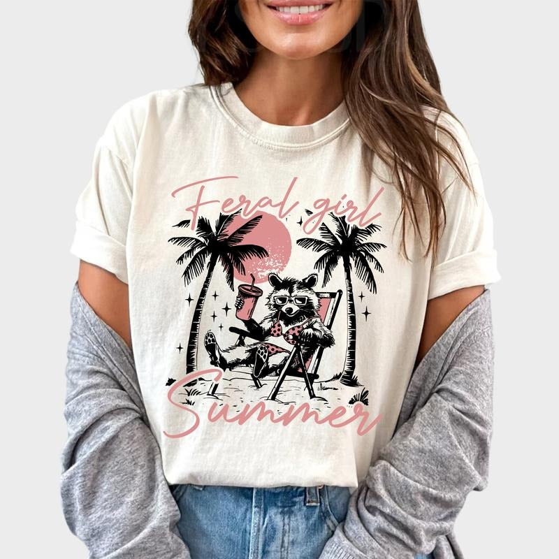Feral Girl Summer Shirt Vintage, Funny Beach Raccoon Shirt, Retro Raccoon Meme Tee, Summer Vacation Shirt For Girls,...