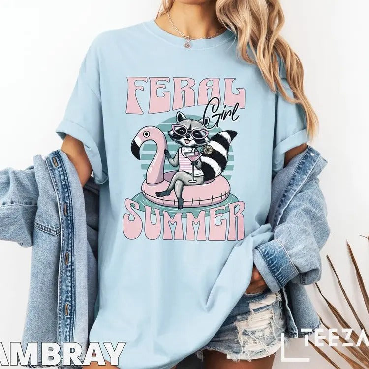 Feral Girl Summer T-Shirt: Funny Raccoon Tee Trendy Aesthetic Shirt Cute Pool Float Top