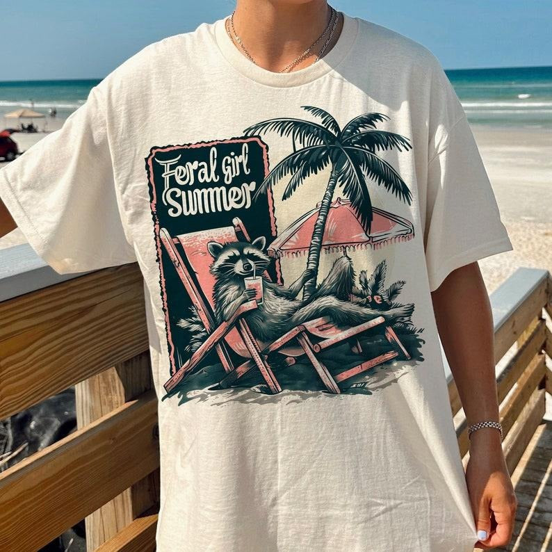 Feral Girl Summer Tee, feral Shirt, Summer vibes designs, Funny, Funny summer, summer girl, raccoon Shirt, Funny raccoon ...
