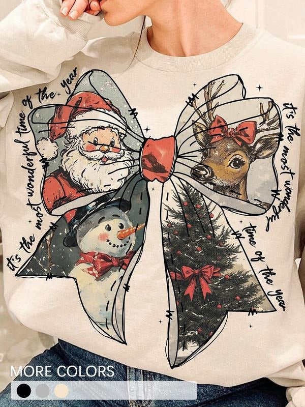 Festive "It's the Most Wonderful Time of the Year" Christmas Sweatshirt, Novelty Big Bow Design with Santa and Reindeer,...