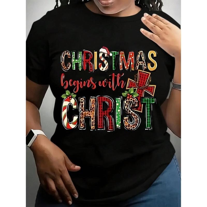 Festive Christmas Letter Print Short Sleeve T-Shirt - Women's Casual Round Neck Tee