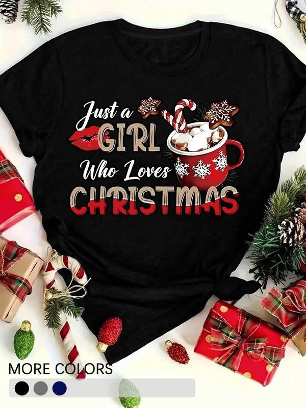 Festive Christmas T-Shirt for Women, Just a Girl Who Loves Christmas Design with Red Lips, Cozy Casual Wear for Xmas...