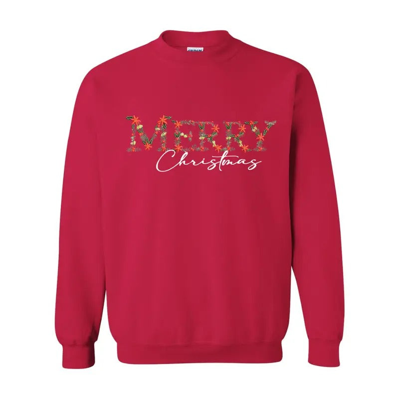 Festive Floral Wreath 'Merry Christmas' Embroidered Women Crewneck Sweatshirt T-Shirts, Hoodie | HypeCrazeTee.com