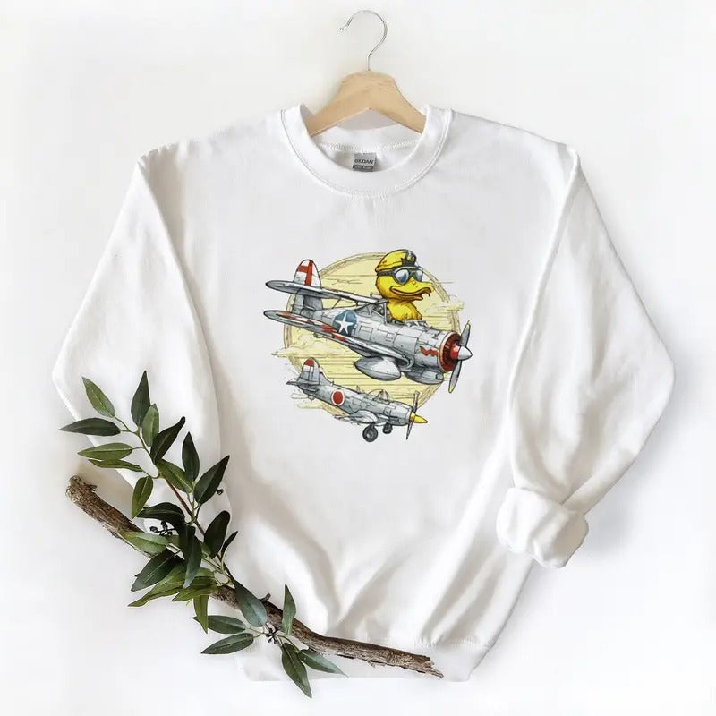 Fighter Plane With Duck Pilot Unisex Tshirt Sweatshirt Hoodie, for duck hunters, husbands and Mallard duck lovers Cotton...