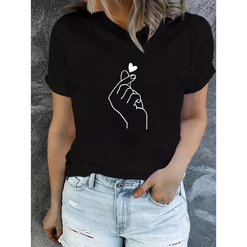 Finger Heart Print T-Shirt, Short Sleeve Crew Neck Casual Top For Summer & Spring, Women's Clothing Hoodie, Sweatshirt