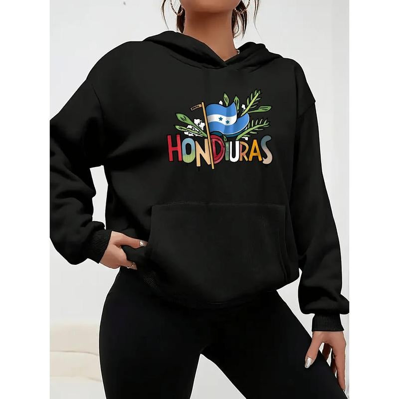 Flag & Letter Print Long Sleeve Hooded Pullover Sweatshirt With Kangaroo Pockets, Women's Sportswear For Fall & Winter,...