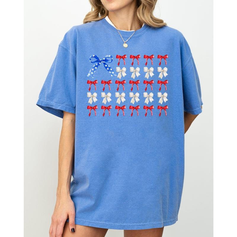 Flag Ribbons and Bows, America, Fourth Of July, Red White Blue, USA, Patriotic, Girly, Coquette, Trendy Shirt, Women's...