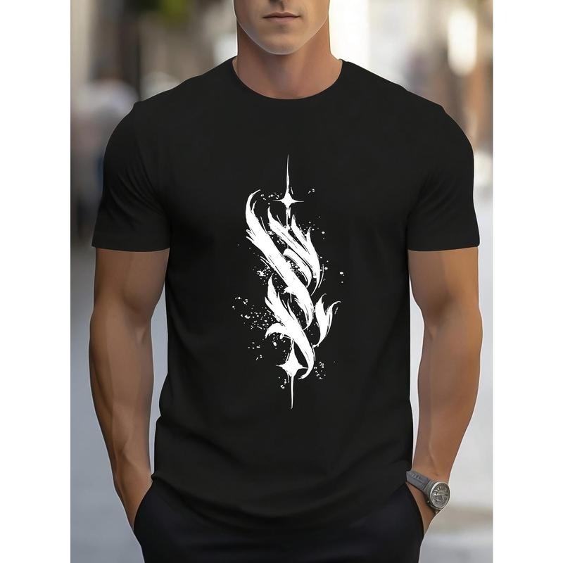 Flashing White Feather Print, Men's Crew Neck Short Sleeve T-shirt, Stylish & Trendy & Cozy For Casual Summer Wear Made...