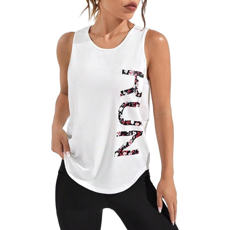 Floral Alphabet Printed Sports Tank Top Curved Hem Mesh Back Sleeveless Workout Tee Shirt Hoodie, Sweatshirt