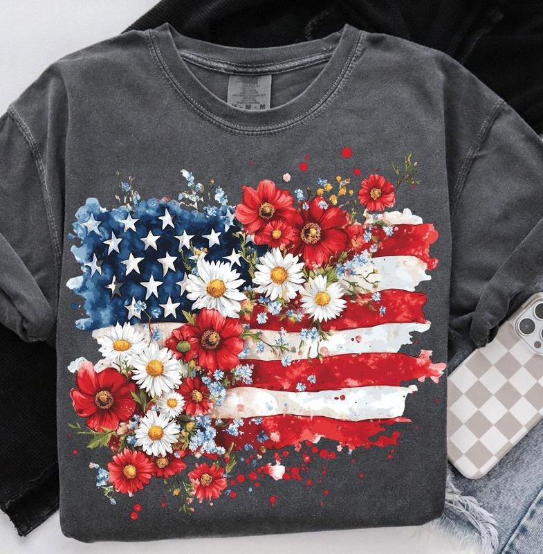 Floral American Flag tee, America tshirt, Coquette 4th Of July tee, Retro 4th of July tshirt Hoodie, Sweatshirt