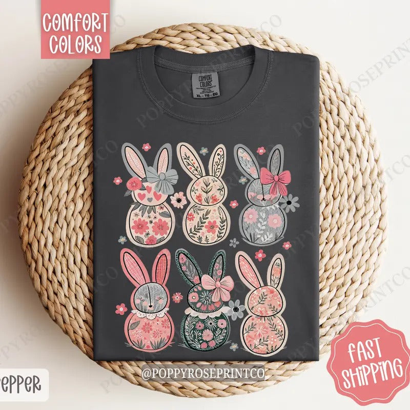Floral Bunnies Shirt Comfort Colors, Easter Women's Tee, Cute Women's Tshirt Hoodie, Sweatshirt | HypeCrazeTee.com