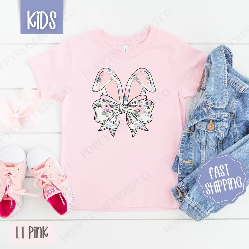 Floral Bunny Bow Kids Shirt - Easter Children's Tshirt - Cute Youth Tee Gildan Hoodie, Sweatshirt | HypeCrazeTee.com