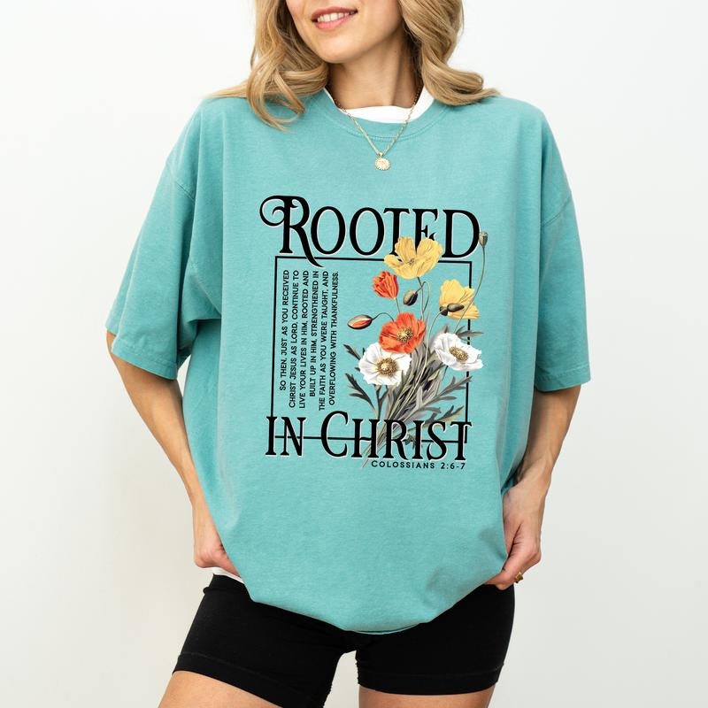 Floral Christian Shirt Comfort Colors, Rooted In Christ Crewneck Women Tee, Religious Gifts, Retro Christian  Womenswear...