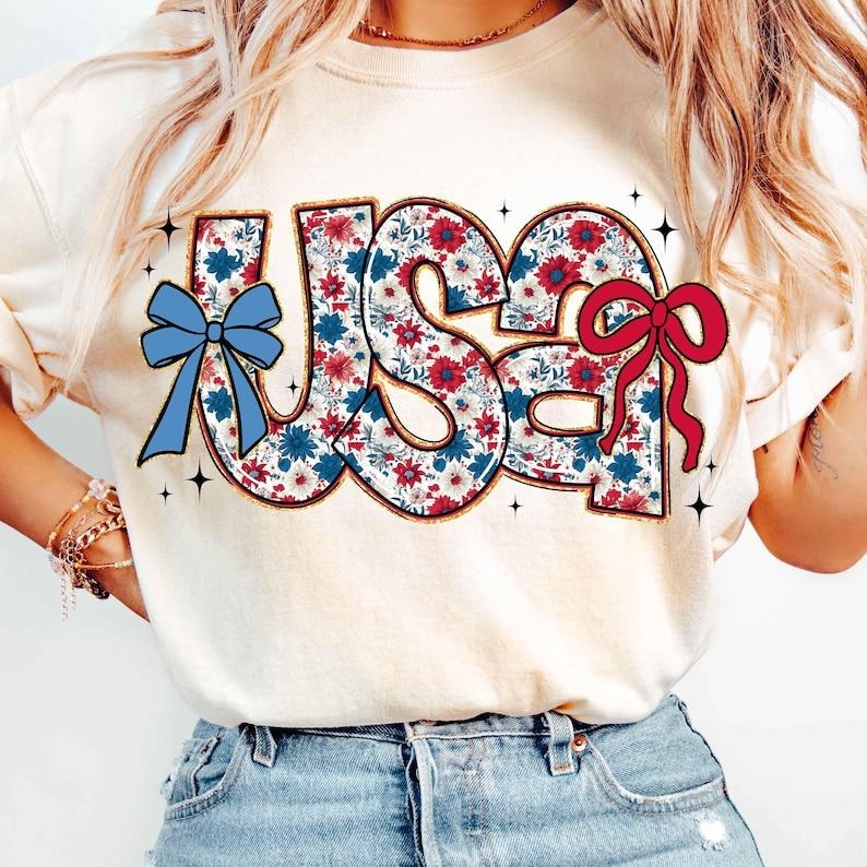 Floral Coquette USA Bow Retro America 4th of July Independence Day Patriotic Shirt T-Shirt Hoodie, Sweatshirt