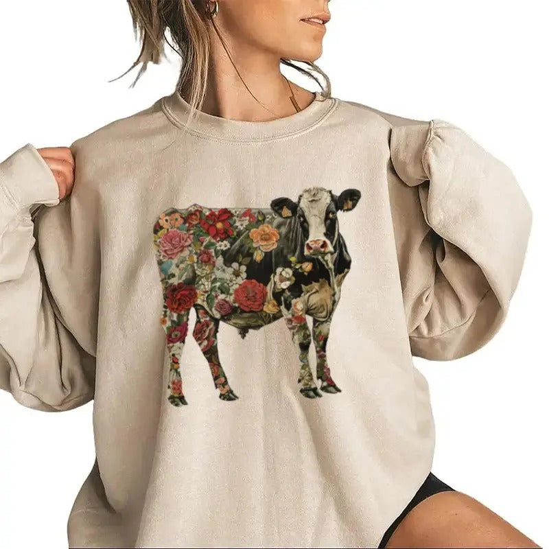 Floral Cow Retro Natural Unisex T-shirt Hoodie Funny Cow Sweatshirt Cotton Unisex | HypeCrazeTee.com