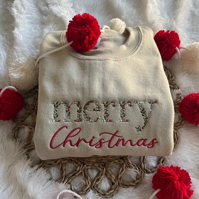 Floral Embroidered Merry Christmas Sweatshirt T-Shirts, Hoodie | HypeCrazeTee.com