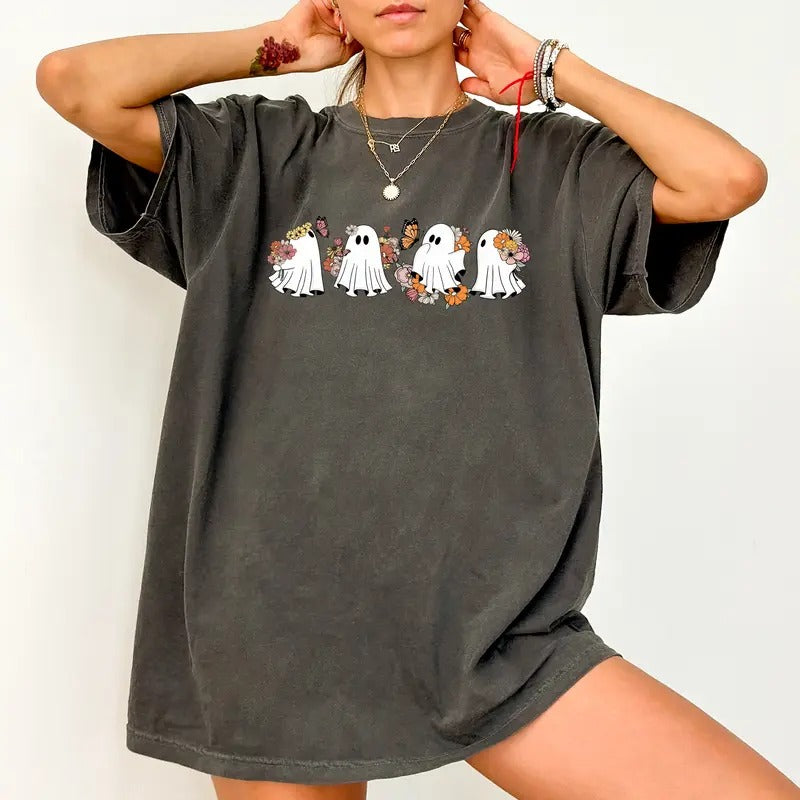 Floral Ghosts Retro Comfort Colors Shirt Cute Ghosts Flowers Spooky Season Unhinged Shirt Funny Halloween Idea Cute Halloween Comfy Fabric Womenswear Cotton Fabric Relaxed Fit Chic T-Shirts, Hoodie, Sweatshirt
