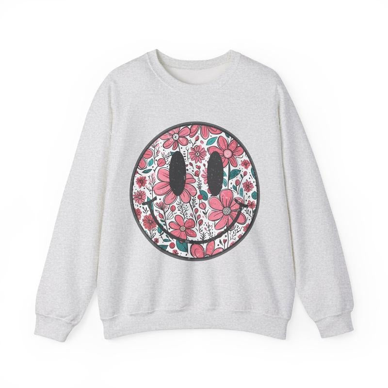 Floral Happy Sweatshirt, Cute Smiley Sweater, Flower Crewneck T-Shirts, Hoodie | HypeCrazeTee.com