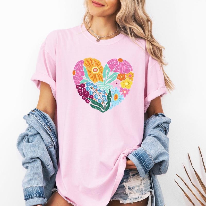 Floral Heart, Folk Art, Retro, Flowers, Comfort Colors T-Shirt, Women's Comfort Colors Tee Hoodie, Sweatshirt