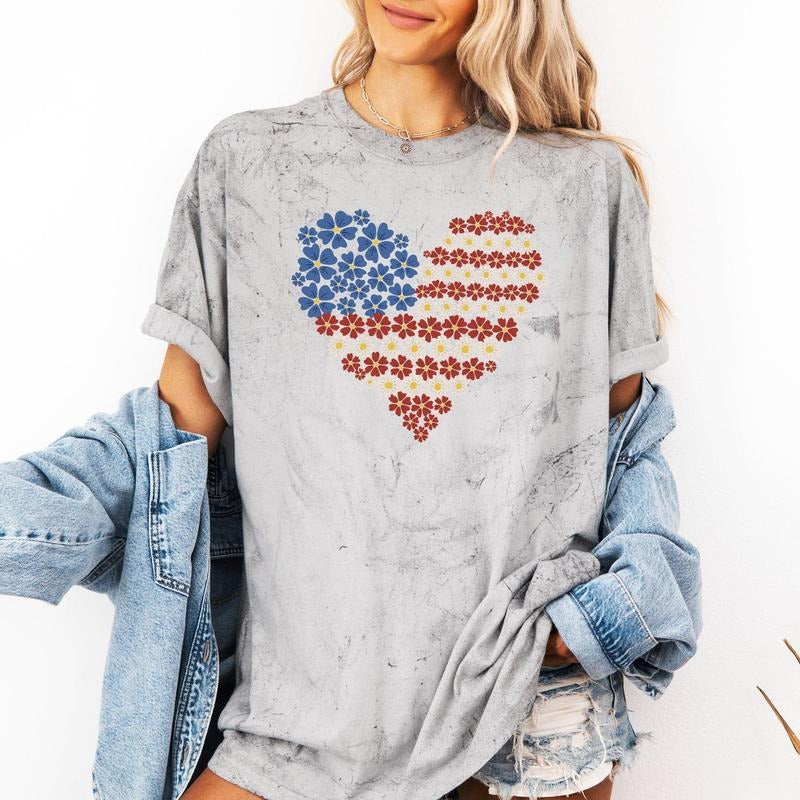 Floral Heart Patriotic Red White Blue USA America 4th July Color Blast Comfort Colors Comfort Colors T-Shirts, Hoodie, Sweatshirt