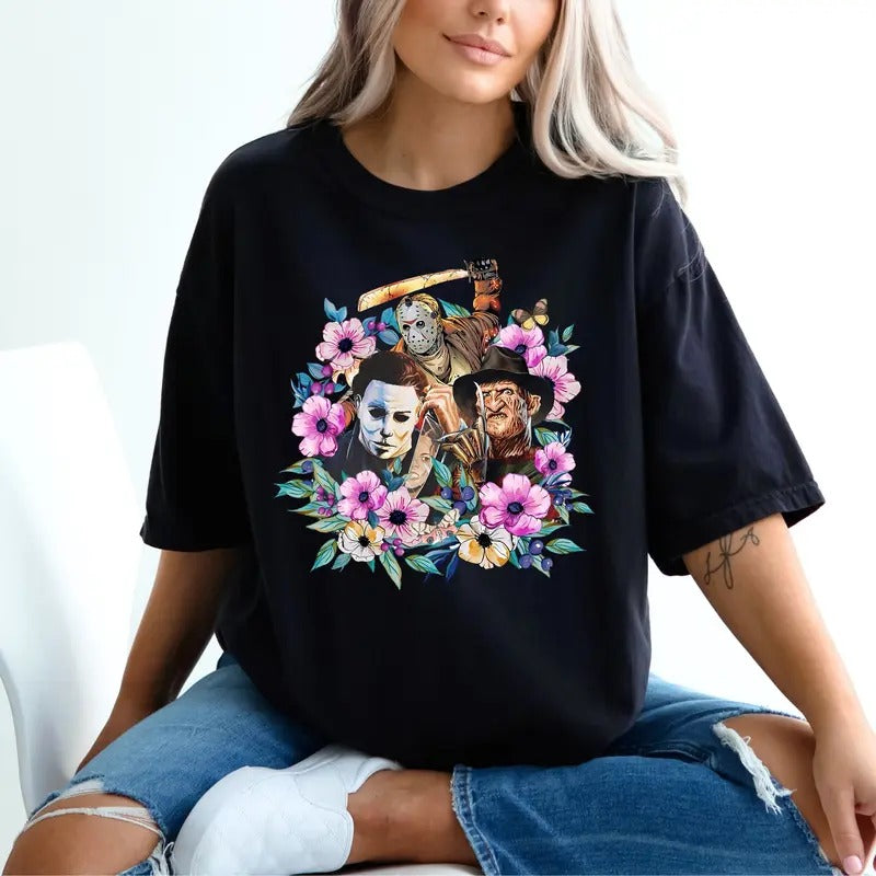 Floral Horror Movie Short Sleeve T-Shirt, Spooky Season Shirt, Funny Halloween Tee, Horror Movie Shirt, Scary Movie...