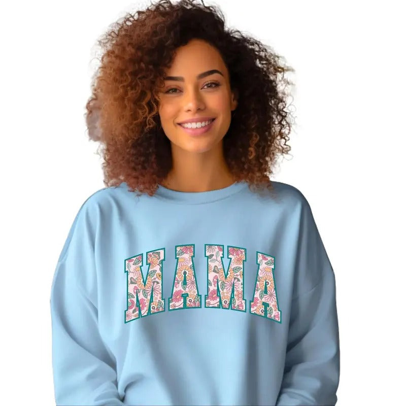 Floral Mama Teal Print Crewneck Sweatshirt T-Shirts, Hoodie | HypeCrazeTee.com