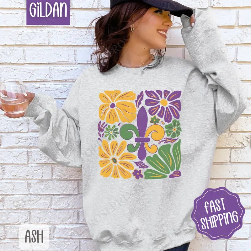 Floral Mardi Gras Sweatshirt, Boho Mardi Gras Crewneck, Holiday Women's Sweater T-Shirts, Hoodie | HypeCrazeTee.com