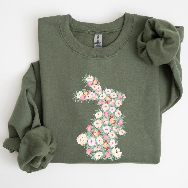 Floral Print Rabbit, Bunny, Easter Sweatshirt, Women's Crew Neck, Crewneck T-Shirts, Hoodie | HypeCrazeTee.com