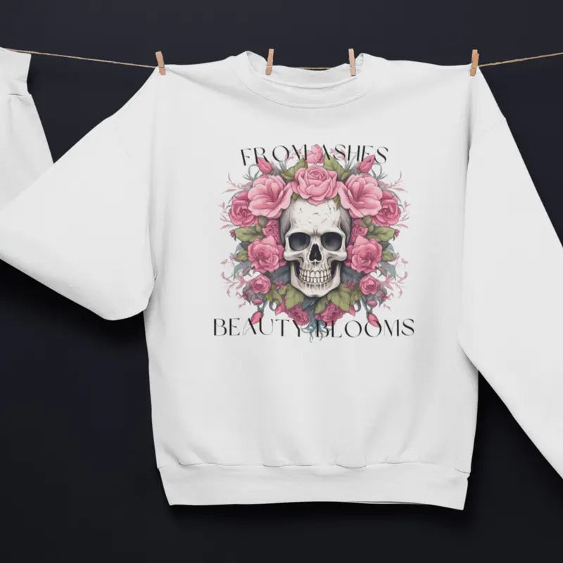 Floral Skull Sweatshirt, Goth Inspired Pullover, Boho Chic Skeleton Print Sweatshirt T-Shirts, Hoodie | HypeCrazeTee.com