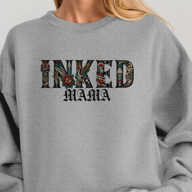 Floral and Skulls Inked Mama Tees Floral Inked Mama Skulls Sweatshirt Tattoo Lover Tees Tattoo Mama T-Shirts Skull Tattoo...