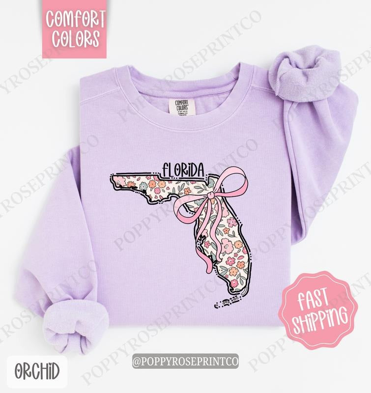 Florida Floral Comfort Colors Sweatshirt, Florida Sweatshirt, Cute Bow Florida Sweatshirt T-Shirts, Hoodie | HypeCrazeTee.com