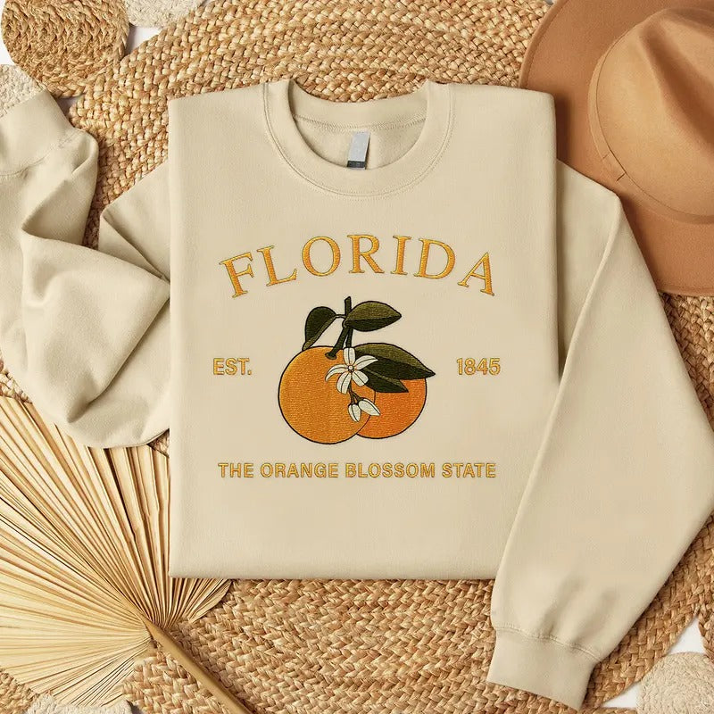 Florida Orange Blossom Embroidered State Flower Sweatshirt, Hometown Embroidered Shirt, Favorite Flower Embroidered Shirt...