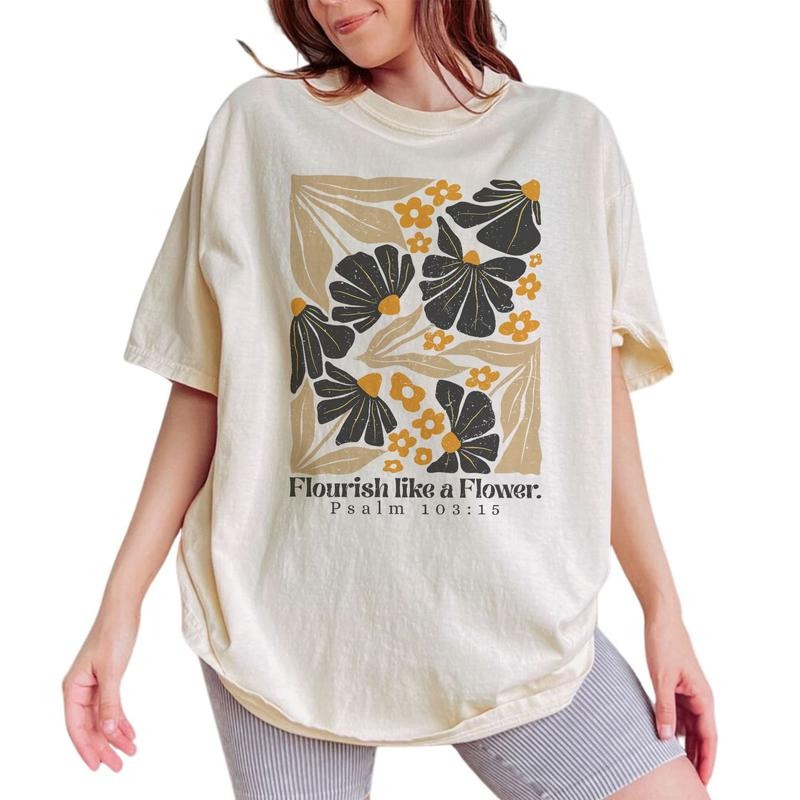 Flourish Like a Flower Shirt, Boho Christian Bible Verse Graphic Tee Women, Psalms Flourish Printed T-shirt, Wildflower...