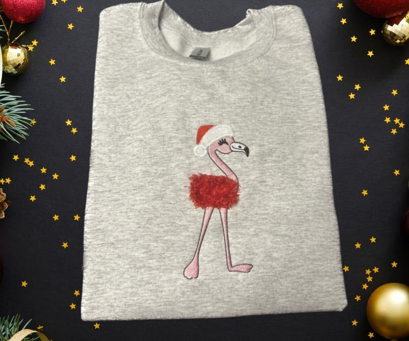 Fluffy Christmas Flamingo Embroidered Crewneck Sweatshirt T-Shirts, Hoodie | HypeCrazeTee.com
