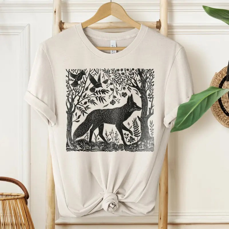 Folklore Forest Fox Lino Print Shirt - Folk Art Linocut Fox T-Shirt Hoodie, Sweatshirt | HypeCrazeTee.com