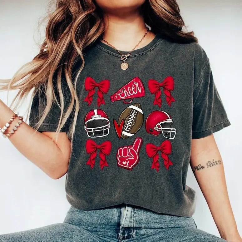 Football Coquette Bow Shirt Bow Mascot Shirt Football Cheer Bow School Shirt Cheer Mama Sports Mama Womenswear Top Streetwear T-Shirts, Hoodie, Sweatshirt