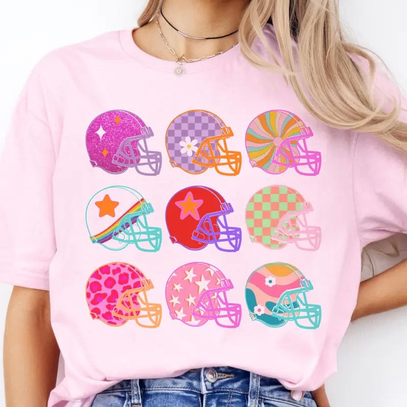 Football Tees Funky Football Helmet Tshirt Colorful Football Helmet Collage T-Shirt Girly Football Collage Top Womens Fun...