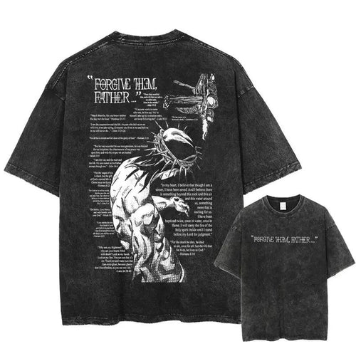 "Forgive Them, Father" Graphic T-Shirt Unisex Casual Crewneck Religious Artwork Steel Ball Run - JoJo Manga