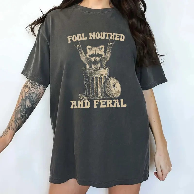 Foul Mouthed and Feral Raccoon Shirt, Funny Raccoon Comfort Colors Tee, Feral Tshirts for Girls, Feral Mom Tops,...