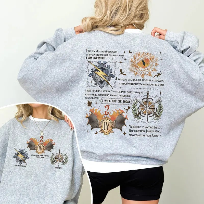 Fourth Wing Iron Squad Two Sided Sweatshirt, Onyx Storm Brave The Dark, Fourth Wing Badges Bookish Sweatshirt, Dragon...