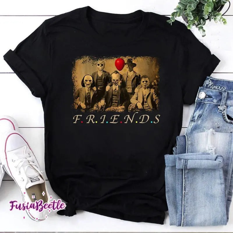 Fr-iends Horror Five Characters Squad Funny Halloween Movie Vintage T-Shirt, Horror Movie Shirt, Serial Killer Shirt...