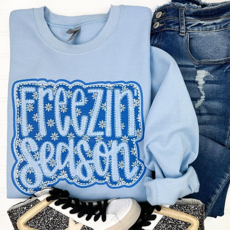Freezin' Season FAUX Embroidery Gildan Sweatshirt -- Light Blue T-Shirts, Hoodie | HypeCrazeTee.com