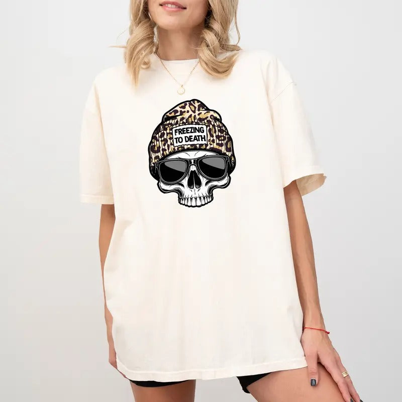 Freezing To Death Shirt Comfort Colors, Vintage Skeleton Women Tee, Retro Skull Leopard Graphic Tee, Winter Sweater for...