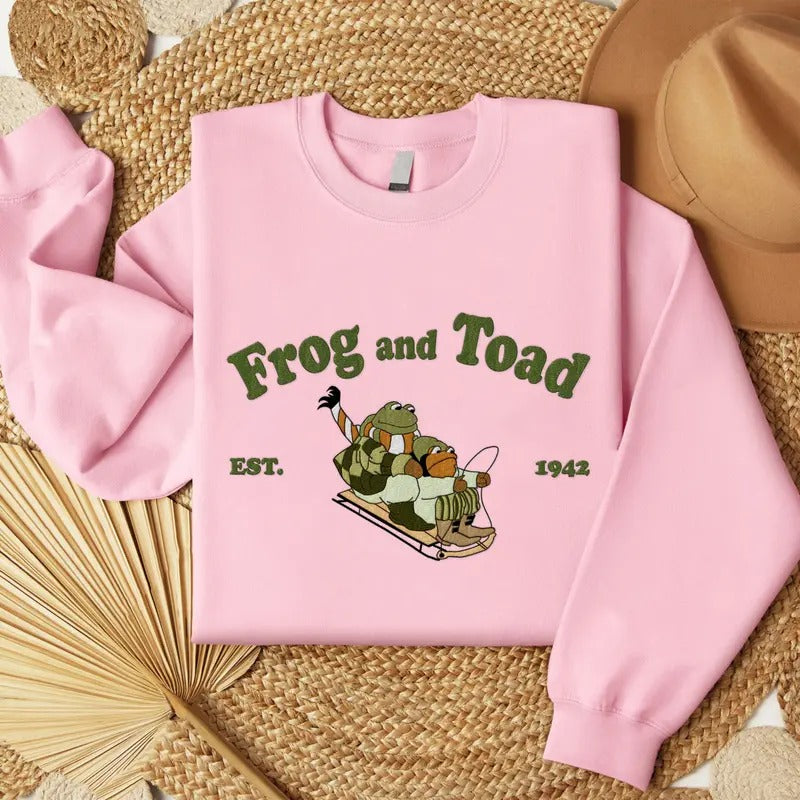 Frog And Toad Embroidered Shirt, Vintage Classic Book On Sled Cover Embroidered T-Shirt, The Lovers Frog And Toad...