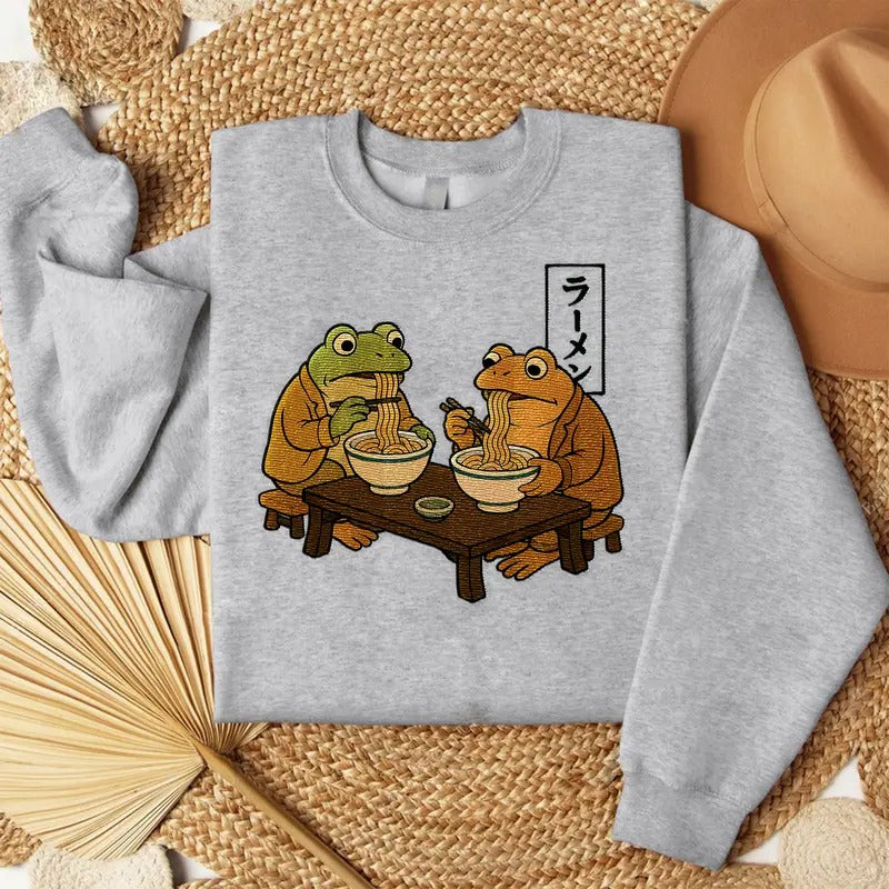 Frog and Toad Ramen Embroidered Sweatshirt, Cozy Pullover with Japanese Noodle Art, Mom Gift, Cottagecore Frog...