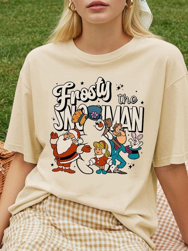 Frosty the Snowman Christmas Printed T-Shirt | Khaki Oversized Style with Retro Cartoon Pattern | European and American...