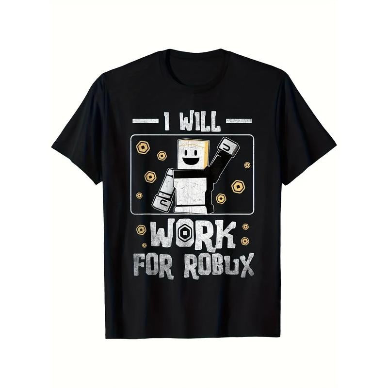 Fun "I Work for Robux" Gamer T-Shirt Breathable Pure Cotton, Moisture Wiry And Sweat Wiry Crewneck T-Shirt with Pixelated...