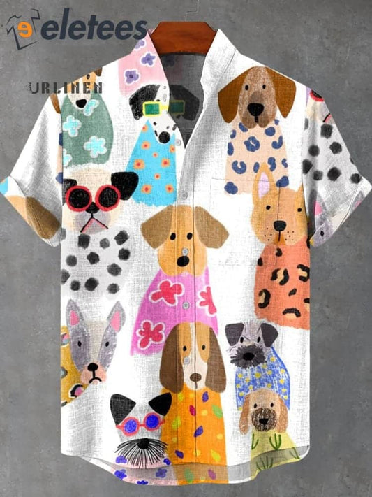Fun And Colorful Dog Print Vintage Print Casual 100 Cotton Shirt